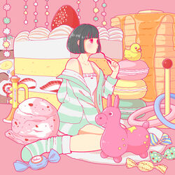  black_hair butter cake camisole candy female food fruit ice_cream ice_cream_scoop long_sleeves macaron original oversized_food oversized_object pancake pancake_stack profile rubber_duck shirt short_hair sitting socks solo strawberry strawberry_shortcake striped_clothes striped_shirt striped_socks syrup wariza white_camisole wide_shot yoshimon 