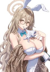  absurdres akane_(blue_archive) akane_(bunny)_(blue_archive) animal_ears arm_under_breasts bare_shoulders biting blue_archive blue_bow blue_bowtie bow bowtie breasts brown_eyes brown_hair brown_scarf cleavage detached_collar fake_animal_ears female glasses glove_in_mouth gloves gun halo handgun highres holding holding_gun holding_weapon large_breasts leotard long_hair mouth_hold official_alternate_costume plaid plaid_scarf playboy_bunny rabbit_ears removing_glove scarf simoumi_217 simple_background solo unworn_gloves upper_body very_long_hair wavy_hair weapon white_background white_gloves white_leotard 