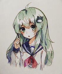  blush collar eyes_visible_through_hair female frog_hair_ornament green_eyes green_hair hair_between_eyes hair_ornament hand_up kochiya_sanae long_hair long_sleeves looking_at_viewer neckerchief open_mouth red_neckerchief school_uniform shirt simple_background solo touhou traditional_media upper_body white_background white_shirt zhi_xixi 