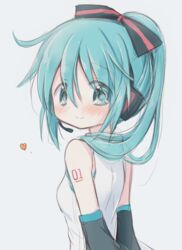  absurdres alternate_hair_ornament alternate_hairstyle arms_behind_back bare_shoulders black_ribbon blue_eyes blue_hair blush breasts closed_mouth commentary_request detached_sleeves dot_nose eyes_visible_through_hair facing_viewer female grey_background hair_over_shoulder hair_ribbon happy hatsune_miku headset heart high_ponytail highres hitode looking_away looking_down microphone number_tattoo ponytail ribbon shirt shoulder_tattoo shy sidelocks simple_background sleeveless sleeveless_shirt small_breasts smile solo striped striped_ribbon tareme tattoo upper_body vocaloid white_shirt 