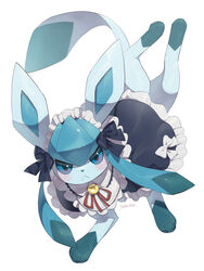  3:4 3_toes :&lt; ambiguous_gender bell bell_collar blue_body blue_ears blue_eyes blue_nose blue_paws blue_tail blush bow_(feature) bow_accessory bow_ribbon clothed clothed_feral clothing collar colored digital_media_(artwork) digital_painting_(artwork) dress eeveelution feet feral frown frowning_at_viewer generation_4_pokemon glaceon hi_res holowear_(pokemon) looking_at_viewer makotoo multicolored_ears nintendo pokemon pokemon_(species) pokemon_unite quadruped ribbons shadow signature simple_background solo tail tea_party_style_glaceon toes two_tone_ears white_background 