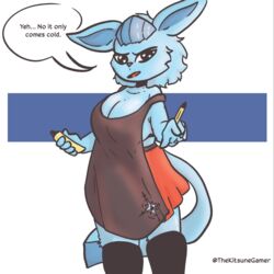  1:1 anthro apron big_breasts breasts clothing diamond_(glaceon) eeveelution english_text female generation_4_pokemon glaceon looking_at_viewer nintendo pencil_(object) pokemon pokemon_(species) simple_background solo text thekitsunegamer 