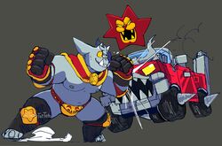  anthro belt bovid buer_(kings_of_hell) caprine car championship_belt demon duo enfer_belial fur goat grey_body grey_fur hi_res horn kings_of_hell living_car living_machine living_vehicle machine male mammal muscular muscular_anthro muscular_male nipples pecs red_eyes solo_focus tatertottoto tusks vehicle wheel wrestler yellow_sclera 