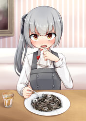  black_spaghetti brown_eyes collared_shirt commentary_request dress dress_shirt female food food_on_face fork glass grey_dress grey_hair kakizaki_(chou_neji) kantai_collection kasumi_(kancolle) kasumi_kai_ni_(kancolle) long_hair long_sleeves neck_ribbon pasta pinafore_dress red_ribbon ribbon shirt side_ponytail sleeveless sleeveless_dress solo spaghetti upper_body white_shirt wiping_mouth yellow_eyes 