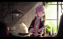  1boy amulet closed_mouth crossed_arms eyes_visible_through_hair gloves hair_between_eyes hiragi_rin holding holding_wrench indoors jacket jewelry letterboxed male_focus necklace ourn_the_inventor pendant pixiv_fantasia pixiv_fantasia_last_saga red_eyes solo turtleneck white_gloves white_hair window wrench 