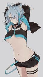  ahoge animal_ear_fluff animal_ears animare aqua_hair aqua_nails armpits arms_up bad_id bad_twitter_id barcode black_choker black_jacket black_panties black_shorts blue_eyes blue_hair breasts character_name choker closed_mouth commentary cowboy_shot crop_top dog_ears expressionless female grey_background hair_between_eyes hair_over_one_eye highres jacket light_blue_hair looking_at_viewer medium_breasts midriff multicolored_hair nail_polish nanashi_inc. navel panties panty_straps rippootai short_hair short_shorts shorts simple_background solo souya_ichika souya_ichika_(4th_costume) standing streaked_hair thigh_strap thighs two-tone_hair underboob underwear virtual_youtuber zipper 