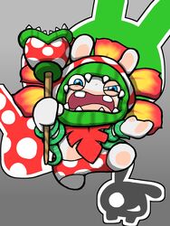  absurdres angry animal_ears blue_eyes buck_teeth charisuke cosplay crossover grey_background highres holding mario_(series) mario_+_rabbids_kingdom_battle no_humans open_mouth piranha_plant piranha_plant_(cosplay) rabbid rabbit_ears raving_rabbids screaming simple_background teeth 