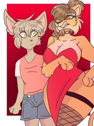  anthro basitin big_breasts bloodyblueblood_(artist) breasts clothing collar dress duo felid female huge_breasts keith_keiser legwear lion male mammal pantherine saria_legacy socks tongue twokinds webcomic wide_hips 