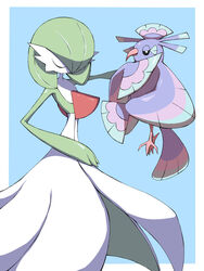  1other absurdres bird blue_background border closed_eyes closed_mouth commentary dancer_(pokemon_ability) dancing gardevoir green_hair highres oricorio oricorio_(sensu) outstretched_arm pokemon pokemon_(creature) pokemon_ability shabana_may shiny trace_(pokemon_ability) white_border 