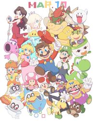  4boys 4girls bad_id bad_twitter_id birdo blonde_hair blue_eyes boo_(mario) bowser bowser_jr. brown_hair cappy_(mario) crown dress everyone facial_hair gloves goomba hat highres hoshikuzu_pan junior_clown_car kamek koopa_troopa luigi luma_(mario) mario mario_(series) mario_day microphone_stand moustache multiple_boys multiple_girls overalls pauline_(mario) princess_daisy princess_peach red_hair red_toad_(mario) rosalina tiara_(mario) toad_(mario) toadette waluigi wario white_gloves yoshi 