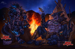  2023 2_horns 4_toes abs absurd_res anthro arm_guards arm_scar armband artist_name biceps black_body black_fur black_sclera blue_body blue_claws blue_flames blue_scales breechcloth campfire canid canine canis chest_markings chest_scar claws clothing dated deltoids dragon duo dylan_(alvintanubis) ear_piercing ear_ring elbow_fin facial_scar facial_spikes feet fin finger_claws fish footwear fur furred_dragon furred_scalie gem gold_markings grilled harness head_fin hi_res horn hybrid jewelry knife laugh leg_markings leg_scar male mammal marine markings melee_weapon mountain mugs multicolored_body multicolored_eyes multicolored_scales muscular muscular_arms muscular_thighs mythological_creature mythological_scalie mythology necklace night nipple_piercing nipples notched_fin obliques pawpads pecs piercing polearm quads red_eyes ring_piercing sandals scales scalie scar shanggulangwang shark sharp_teeth shin_guards shoulder_guards signature sky smile spear spikes spikes_(anatomy) star starry_sky sword tail teeth tent toe_claws toeless_footwear toes tree_stump triceps two_tone_body two_tone_eyes two_tone_scales warriors weapon white_body white_scales wolf yellow_eyes 