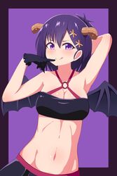  :q arm_behind_head armpits bad_id bad_twitter_id bare_shoulders black_gloves border breasts cleavage demon_girl demon_horns demon_wings female gabriel_dropout gloves groin hair_ornament hallelujah_essaim highres horns looking_at_viewer medium_breasts midriff navel nyaroon o-ring o-ring_top outside_border purple_background purple_border purple_eyes purple_hair short_hair simple_background solo stomach strapless tongue tongue_out tube_top upper_body vignette_tsukinose_april wings x_hair_ornament 