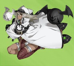  bandaged_arm bandaged_leg bandages between_legs cloak closed_mouth commentary dark-skinned_female dark_skin expressionless eyelashes female full_body green_background grey_hair guilty_gear guilty_gear_strive hair_between_eyes hand_between_legs hat highres looking_at_viewer lucifero_(guilty_gear) medium_hair o-ring o-ring_legwear orange_eyes own_hands_together patterned_background peaked_cap ramlethal_valentine seiza short_shorts shorts simple_background sitting solo strap thigh_strap toes white_cloak white_hat white_shorts wings yoshimaro 