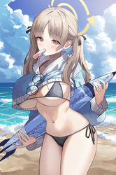  absurdres beach bikini bikini_under_clothes black_bikini blue_archive blue_hoodie blush breasts brown_eyes brown_hair female glasses halo highres hood hoodie huge_breasts inflatable_torpedo inflatable_toy large_breasts looking_at_viewer moe_(blue_archive) moe_(swimsuit)_(blue_archive) naseul_777 navel official_alternate_costume outdoors round_eyewear side-tie_bikini_bottom sideboob solo stomach swimsuit twintails underboob water yellow_halo 