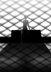  1other antarcticite artist_name bloodcat_(babacatcat) character_name completely_nude dripping facing_away floor from_behind greyscale houseki_no_kuni indoors monochrome nude other_focus photoshop_(medium) short_hair solo wet window_shadow 