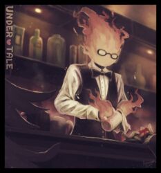  2015 amamidori artist_name bar bartender biped black_border black_bow_tie border bottle bow_tie container cup detailed_background digital_media_(artwork) digital_painting_(artwork) elemental_creature elemental_humanoid english_text eyewear fire fire_creature fire_humanoid flaming_hair glasses grillby holding_container holding_cup holding_mug holding_object humanoid male monster mug not_furry orange_body pseudo_hair rectangular_glasses restricted_palette shelf signature solo standing text translation_check undertale undertale_(series) washcloth white_text 