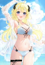  absurdres ahoge arm_up armpits ass_visible_through_thighs bikini blonde_hair blush bow bowtie breasts cleavage cloud cloudy_sky collarbone curled_horns day female flower fuumi_(radial_engine) hair_flower hair_ornament halterneck highres hololive horns long_hair long_sleeves looking_at_viewer medium_breasts navel open_mouth outdoors purple_eyes scan see-through sheep_horns shiny_skin simple_background sky smile solo stomach swimsuit thighs tsunomaki_watame virtual_youtuber water water_drop wet wet_clothes 