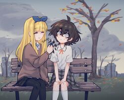  2girls :d autumn_leaves bench black_hair black_legwear black_skirt blind_girl_(popopoka) blonde_girl_(popopoka) blue_ribbon brown_sweater closed_eyes closed_mouth cloud cloudy_sky commentary crossed_bangs cutting_hair day english_commentary freckles grey_eyes hair_between_eyes highres holding holding_scissors long_sleeves medium_hair miniskirt multiple_girls neck_ribbon open_mouth orange_ribbon original outdoors pantyhose park pleated_skirt popopoka ribbon scissors sitting skirt sky smile socks sound_effects sweater white_legwear wide-eyed 