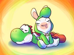  animal_ears buck_teeth charisuke closed_eyes closed_mouth crossover drooling highres lying mario_(series) mario_+_rabbids_kingdom_battle mouth_drool no_humans on_stomach open_mouth rabbid rabbid_yoshi rabbit_ears raving_rabbids simple_background sitting sleeping smile teeth yellow_background yoshi 