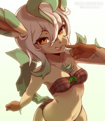  2023 5_fingers anthro anthrofied artist_name bottomwear breasts brown_eyes clothed clothing coffeechicken eeveelution female fingers generation_4_pokemon hair hi_res humanoid_hands leafeon long_hair looking_at_viewer midriff nintendo pattern_clothing pokemon pokemon_(species) pokemorph simple_background slim small_breasts solo tail tongue tongue_out topwear yellow_body 