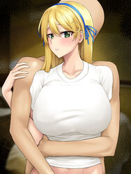  1boy blonde_hair blue_ribbon blurry blurry_background blush breasts collarbone commentary dark-skinned_male dark_skin embarrassed faceless faceless_male female furrowed_brow green_eyes hair_ribbon hairband highres hug hug_from_behind karakari katsuragi_(senran_kagura) large_breasts lips locked_arms long_hair looking_at_viewer parted_lips ribbon senran_kagura sensei_(senran_kagura) shirt short_sleeves sideburns solo_focus straight straight_hair sweat sweatdrop t-shirt upper_body white_shirt 