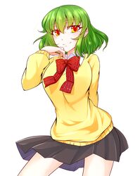  absurdres bow bowtie breasts closed_mouth female green_hair grey_skirt hand_on_own_face highres itocoh kazami_yuuka long_sleeves looking_at_viewer red_bow red_bowtie shirt short_hair skirt smile solo sweater touhou yellow_eyes yellow_sweater 