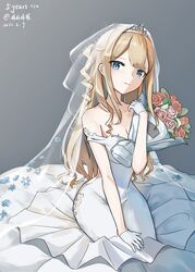  absurdres bare_shoulders blonde_hair blue_eyes bouquet braid breasts bridal_veil cleavage closed_mouth collarbone crown_braid dated dress female flower girls&#039;_frontline gloves highres holding holding_bouquet holding_flower jewelry long_hair looking_at_viewer medium_breasts official_alternate_costume ring sakatakin simple_background sitting smile solo suomi_(blissful_mission)_(girls&#039;_frontline) suomi_(girls&#039;_frontline) tiara veil wedding_dress wedding_ring white_dress white_gloves 