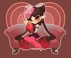  +_+ adapted_costume armband black_gloves black_hair black_jumpsuit brown_background brown_eyes callie_(splatoon) closed_mouth commentary couch coula_cat dated detached_collar earrings english_commentary english_text female food food_on_head gloves gradient_hair happy_valentine heart heart_earrings holding inkling jewelry jumpsuit long_hair looking_at_viewer mole mole_under_eye multicolored_hair no_shoes object_on_head on_couch outline pantyhose pointy_ears red_hair red_pantyhose short_jumpsuit sitting smile solo splatoon_(series) splatoon_1 tentacle_hair very_long_hair white_outline 