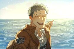  1boy blush chengzhineixihuanxiaogou closed_eyes day highres horizon jacket male_focus marco_bott narrowed_eyes ocean open_clothes open_jacket open_mouth outdoors scenery shingeki_no_kyojin shirt short_hair sky smile solo upper_body 