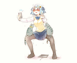  balancing blue_hair blue_ribbon borrowed_character breasts burger_hair_ornament cellphone commentary drawing_tablet drunken_master feline female food-themed_hair_ornament full_body glasses hair_ornament hair_ribbon hamburger-chan_(hundredburger) horse_stance kou1 large_breasts miniskirt no_shoes original pantyhose parody phone pleated_skirt red-framed_eyewear red_eyes ribbon school_uniform semi-rimless_eyewear skirt smartphone solo squatting stylus sweat sweater_vest tears translated trembling under-rim_eyewear 