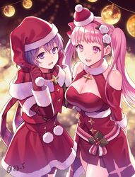  2girls alternate_costume bernadetta_von_varley bernadetta_von_varley_(winter) bow breasts christmas christmas_ornaments cleavage commentary_request fire_emblem fire_emblem:_three_houses fire_emblem_heroes flower fur_collar fur_trim hair_flower hair_ornament hand_in_own_hair hat hilda_valentine_goneril hilda_valentine_goneril_(winter) holly large_breasts looking_at_viewer merry_christmas multiple_girls pale_skin pink_eyes pink_hair plaid plaid_scarf purple_eyes purple_hair santa_costume santa_hat scarf smile sweatdrop thighs twintails yamigo 