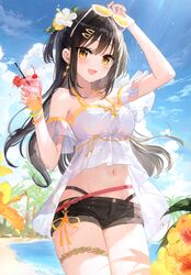  absurdres bare_shoulders beach belt black_hair blue_sky blush bow bowtie breasts cherry cloud cloudy_sky day drinking_straw earrings eyewear_on_head female fingernails flower food fruit fuumi_(radial_engine) hair_flower hair_ornament hibiscus highres ice_cream jewelry long_hair looking_at_viewer medium_breasts midriff nail_polish navel open_mouth original outdoors palm_leaf palm_tree scan shiny_skin shorts simple_background sky smile solo stomach sundae sunglasses thigh_strap tree water water_drop yellow_eyes 