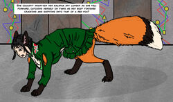  all_fours arania canid canine canis claws clothed clothing english_text feet female fox fur fur_growth growth hindpaw human_to_feral humanoid_pointy_ears mammal narration open_mouth pale_skin paws semi-anthro sequence simple_background solo species_transformation surprise text toes torn_clothing transformation 