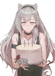  animal_ears bare_shoulders birthday_cake blush braid cake choker closed_eyes cowboy_shot dress facing_viewer female food girls_frontline green_choker green_dress green_eyes grey_hair hairband highres holding_cake ksvk_(girls_frontline) long_hair pandea_work parted_lips simple_background smile solo standing very_long_hair white_background 