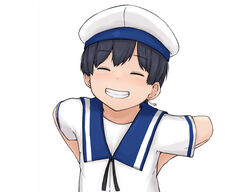  black_hair chagamaka closed_eyes commentary_request dress female grin hat hiburi_(kancolle) kantai_collection sailor_collar sailor_dress sailor_hat short_sleeves smile solo upper_body white_dress 