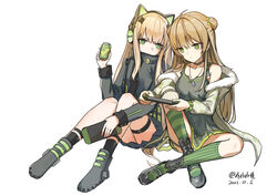  2girls absurdres black_jacket blonde_hair breasts camouflage camouflage_jacket closed_mouth collarbone controller dated double_bun full_body fur-trimmed_jacket fur_trim game_controller girls&#039;_frontline green_eyes green_shirt grey_footwear hair_bun headphones highres holding holding_controller holding_game_controller holding_jar jacket jar light_brown_hair long_hair looking_down multiple_girls on_floor open_clothes open_jacket rfb_(girls&#039;_frontline) sakatakin shirt shoes socks striped_clothes striped_socks tmp_(girls&#039;_frontline) vertical-striped_clothes vertical-striped_socks white_background 