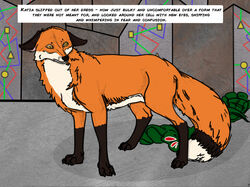  after_transformation all_fours arania canid canine canis claws clothing digitigrade ears_down english_text feet female feral fox fur hindpaw mammal narration paws pivoted_ears red_fox simple_background snout solo surprise text toes true_fox yellow_eyes 