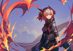  absurdres animal_ears arknights bird bird_ears black_jacket blue_sky collared_shirt expressionless female fiammetta_(arknights) fire gun hair_between_eyes highres holding holding_gun holding_weapon jacket looking_at_viewer necktie open_clothes open_jacket outdoors red_eyes red_hair red_necktie rockyroo shirt sky solo twitter_username upper_body weapon white_shirt 