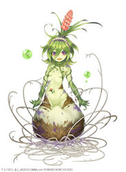  alraune breasts colored_skin commentary_request female flower full_body green_skin hair_between_eyes monster_girl navel official_art open_mouth pink_eyes plant plant_girl plant_hair plant_roots simple_background small_breasts smile solo symbol-shaped_pupils taranboman vines white_background yuba_no_shirushi 