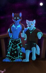  anthro black_body black_bottomwear black_clothing black_ears black_eyebrows black_fur black_head_tuft black_nose black_topwear blue_body blue_ears blue_eyes blue_fur blue_head_tuft blue_inner_ear bottomwear canid cheek_tuft chest_tuft closed_smile clothed clothing duo eyebrows facial_tuft front_view fur gesture glistening glistening_eyes glowing glowing_markings head_tuft hi_res jewelry leaning leaning_back looking_at_viewer male mammal markings moon mouth_closed neck_tuft necklace night one_eye_closed pache_riggs signature sky standing star thumbs_up topless topwear tuft yellow_eyes 