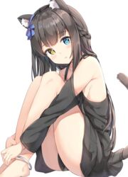  absurdres animal_ear_fluff animal_ears anklet bare_legs bare_shoulders barefoot black_dress blue_eyes blush braid breasts brown_hair cat_ears cat_girl cat_tail clothes_between_thighs detached_sleeves dress female french_braid from_side hair_ribbon heterochromia highres image_sample jewelry keiran_(ryo170) knees_up long_hair looking_at_viewer original own_hands_together parted_lips purple_ribbon ribbon sideboob simple_background sitting small_breasts solo tail tumblr_sample very_long_hair white_background yellow_eyes 