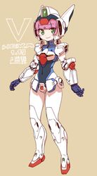  ass_visible_through_thighs bodysuit character_name covered_navel female green_eyes gundam helmet highres humanization looking_at_viewer michi_kuso open_hand pink_hair smile solo standing victory_gundam victory_gundam_hexa white_bodysuit 