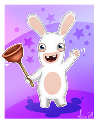  alinesm animal_ears blue_eyes border buck_teeth commentary commission deviantart_username english_commentary full_body holding holding_plunger looking_at_viewer no_humans open_mouth plunger purple_background rabbid rabbit_ears raving_rabbids signature smile solo standing star_(symbol) teeth tongue waving white_border 