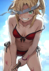  bare_shoulders bikini blindfold blindfold_slip blonde_hair blue_sky blush breasts collarbone day fate/grand_order fate_(series) female green_eyes grin hair_ornament hair_scrunchie highres long_hair looking_at_viewer mordred_(fate) mordred_(swimsuit_rider)_(fate) mordred_(swimsuit_rider)_(first_ascension)_(fate) parted_bangs ponytail red_bikini scrunchie sidelocks sky small_breasts smile solo swimsuit tonee 