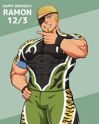  1boy bara black_shirt blonde_hair blue_eyes bulge character_name covered_abs covered_navel cowboy_shot dated eyepatch facial_hair goatee green_shorts grin hand_on_own_hip happy_birthday highres large_pectorals male_focus muscular muscular_male pectorals ramon_(kof) shirt short_hair shorts sideburns smile solo standing the_king_of_fighters tight_clothes tight_shirt vert_cypres 