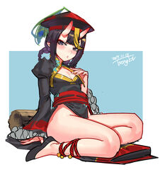  alternate_costume arm_support artist_name black_dress black_footwear black_hair blue_background blunt_bangs blush braid chinese_clothes cleavage_cutout clothing_cutout commentary_request dated dress fate/grand_order fate_(series) female flat_chest frilled_sleeves frills full_body gold_trim hair_between_eyes hand_on_own_chest hat horns jiangshi juliet_sleeves long_sleeves looking_at_viewer no_panties ofuda oni pelvic_curtain photoshop_(medium) pointy_ears puffy_sleeves qingdai_guanmao short_hair shuten_douji_(fate) shuten_douji_(festival_outfit)_(fate) sitting skin-covered_horns solo thighs tseng-en wide_sleeves 