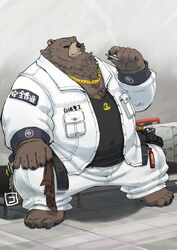  2022 anthro bear belly ben_bigger big_belly black_nose bottomwear brown_body clothing conoji detailed_background humanoid_hands kemono male mammal mihoyo overweight overweight_male pants scar shirt sitting smoking solo topwear zenless_zone_zero 