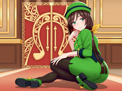  black_hair black_pantyhose bow bowler_hat buttons closed_mouth door double-breasted female footwear_bow formal green_eyes green_footwear green_hat green_jacket green_skirt hair_ribbon hat hayakawa_tazuna highres indoors jacket long_hair long_sleeves looking_at_viewer panties_visible_through_clothes pantyhose pencil_skirt ribbon shoes skirt skirt_suit smile solo split_ponytail suit tussy umamusume yellow_ribbon 