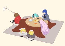  2boys 4girls aqua_hair beige_background blonde_hair blue_hair blue_scarf blush book bow bowl brown_hair cellphone closed_eyes commentary cup cushion eating food fruit hair_ornament hairbow hairclip hatsune_miku head_rest headphones highres holding holding_microphone_stand jiauma kagamine_len kagamine_rin kaito_(vocaloid) kotatsu lazy lying mandarin_orange megurine_luka meiko_(vocaloid) microphone_stand multiple_boys multiple_girls on_back orange_peel pajamas phone pink_hair pink_pajamas red_shirt scarf shirt short_hair sitting smartphone solid_oval_eyes spiked_hair swept_bangs table tissue_box trash_can twintails under_kotatsu under_the_table vocaloid zabuton 