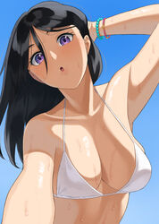  :o arm_behind_head bikini black_hair blue_background blue_sky blush bracelet breasts cleavage collarbone commentary day detached_sleeves dot_nose female gyouza_teishoku highres jewelry long_hair looking_at_viewer open_mouth original purple_eyes sky solo swimsuit upper_body wet white_bikini 